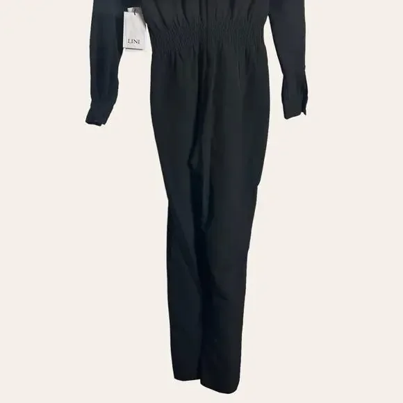 LINI Black Stella Sequin Faux Wrap Surplice Long Sleeve Party Jumpsuit Size XS